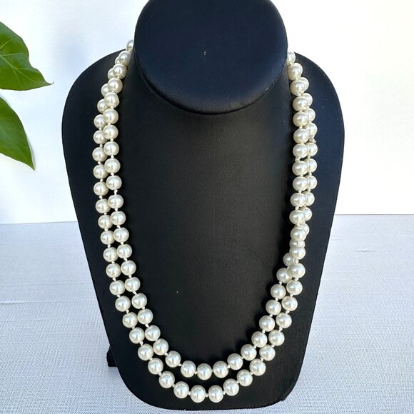 Vintage Faux Pearl Necklace, 38 Inch Hand Knotted Glass Imitation Pearls - Picture 1 of 12